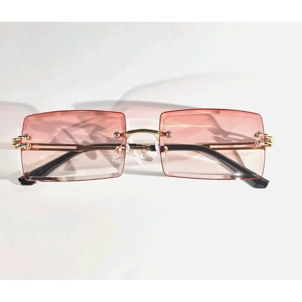Rimless Square Sunglasses Pink Tint Unisex Metal Frame